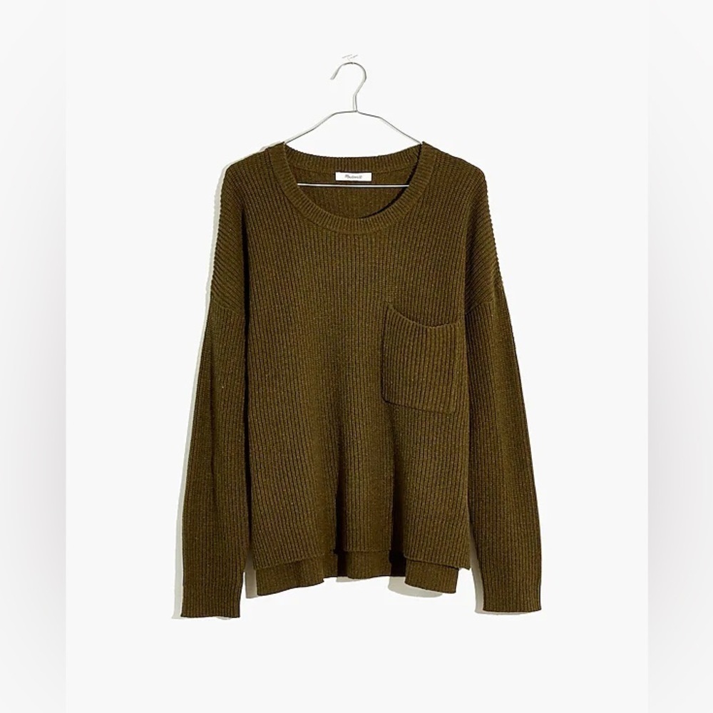 Madewell Thompson Pocket Pullover Sweater in Heather Elm Green Knit Sweater